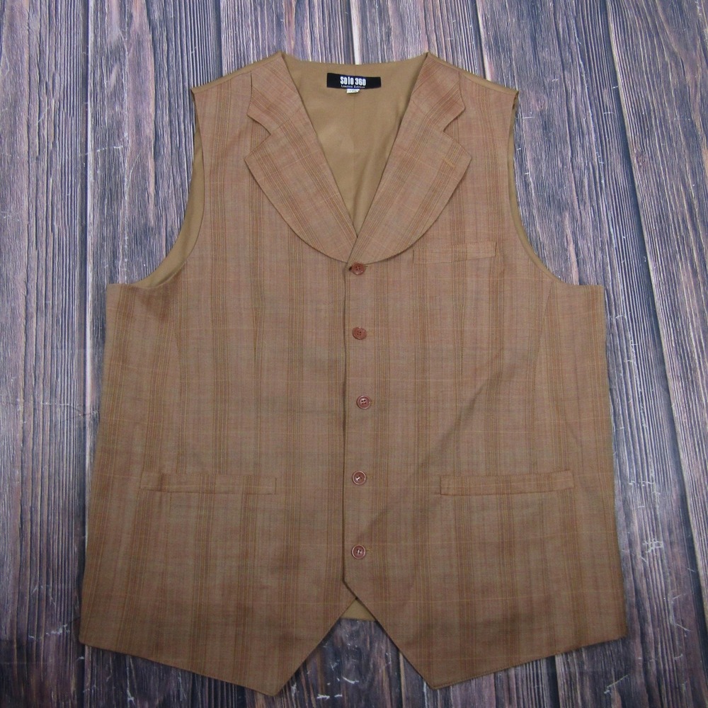 Solo 360 Vest Mens 44L Beige Plaid Wool 4-Button 3 Piece Suit Waistcoat Belted